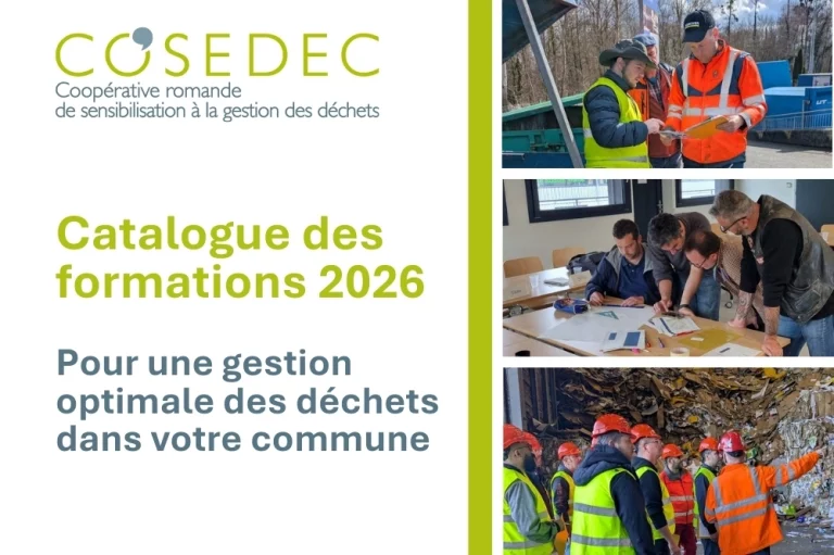Visuel du catalogue des formations 2026 de COSEDEC avec des photos de professionnel·le·s en formation et en visite de terrain.