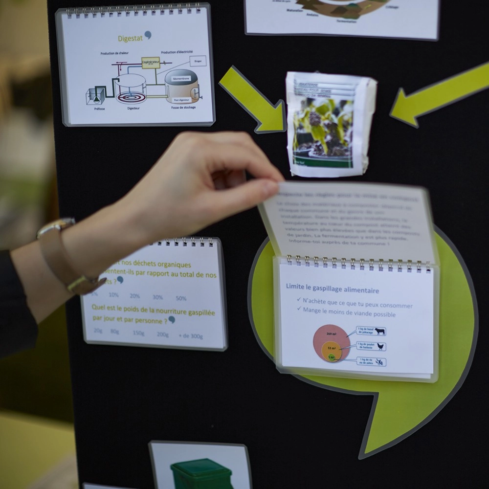 Une personne consulte un panneau interactif sur le cycle de vie des déchets organiques et la lutte contre le gaspillage alimentaire