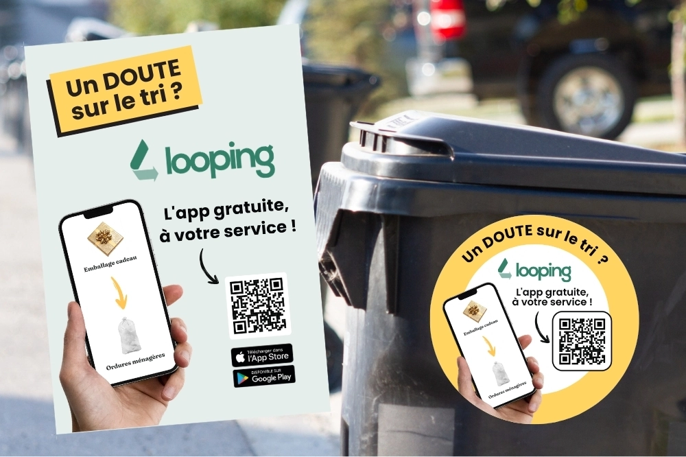 Visuel de promotion de l’application Looping avec QR code, affiché à proximité d’un conteneur à déchets.