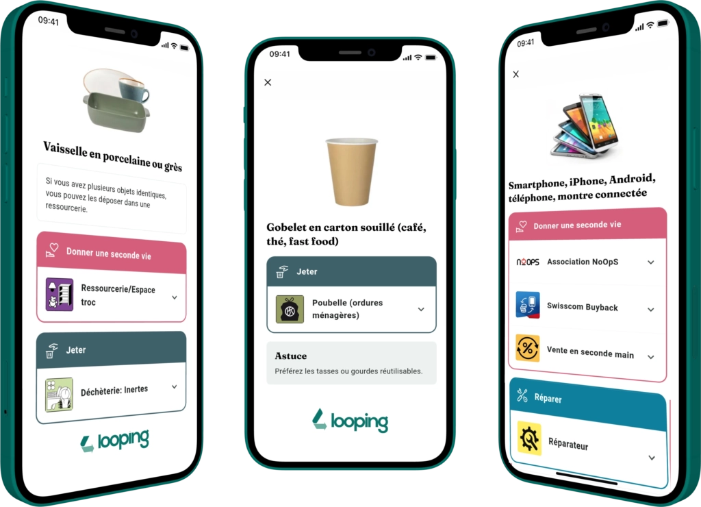 Trois écrans de l’application Looping présentent des consignes de tri et de seconde vie pour différents objets.