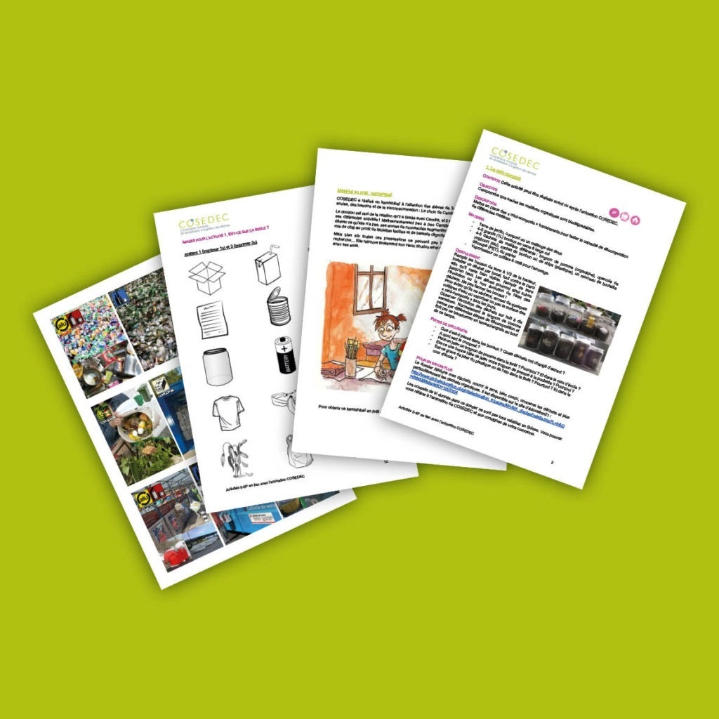 Exemples de cahiers d’activités pédagogiques de COSEDEC sur les déchets et le recyclage.